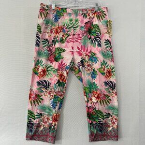 New One World‎ Pants 2X Colorful Tropical Stretch Knit Pull-on Cropped Vacation